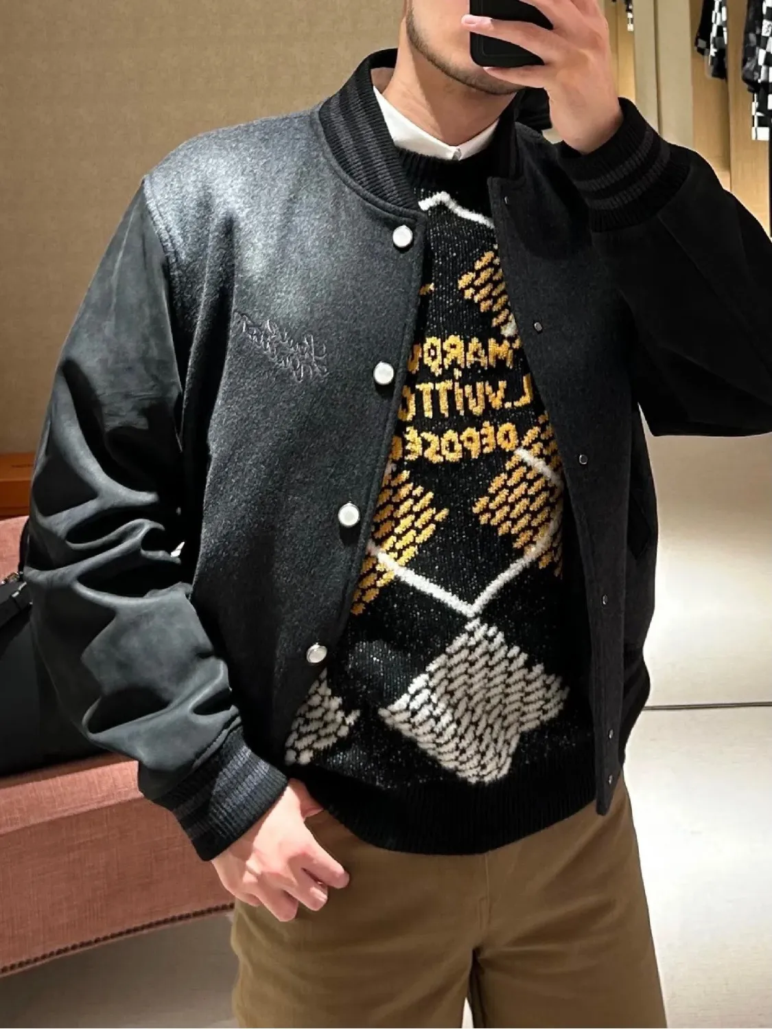 Louis Vuitton/Louis Vuitton 24Fw embroidered letter cotton shearling sleeve baseball jacket